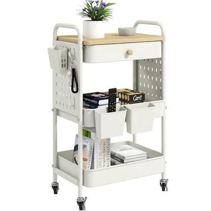 Rolling Utility Cart with Drawer, 3 Tier Rolling Cart with Wheels, Hooks & Hanging Cups, Craft Cart Art Cart Snack Cart Rolling Storage Cart with Wooden Table Top & DIY Pegboards, White