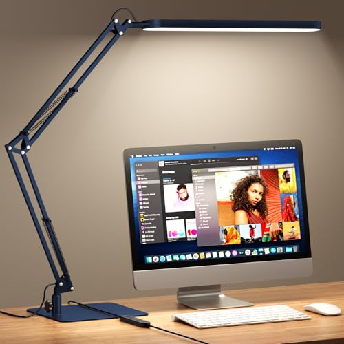 LED Desk Lamp with Slim Base - Adjustable Swing Arm Desk Light, Dimmable, Timer, Eye Protection, Memory Function, 1300LM, 12W, Blue - style: Blue swing arm with Base