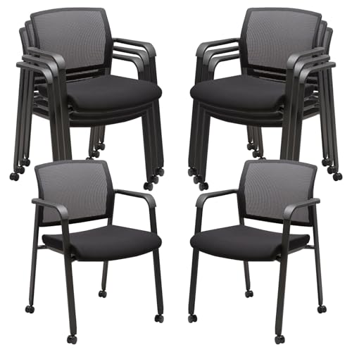 CLATINA Mesh Back Guest Reception Arm Chairs with Wheels, Waiting Room Chairs with Upholstered Fabric Seat and Ergonomic Lumbar Support for Office, 8PK - color: Withwheels Black, size: 8 pack