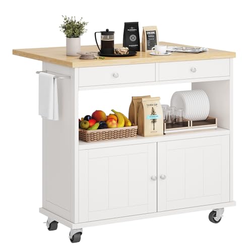 롤링 키친 아일랜드, 접이식 드롭 리프 브렉퍼스트 바, 89.9cm(35.4인치) 너비 주방 카트, 보관 캐비닛 및 서랍 2개, 수건 걸이가 있는 휴대용 모바일 주방 아일랜드 테이블, 잠금 가능한 바퀴, 화이트 - color: 화이트., size: Drop Leaf
