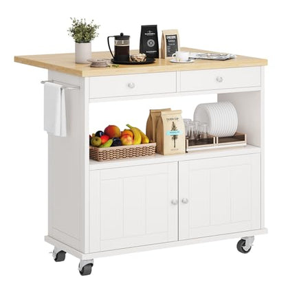 롤링 키친 아일랜드, 접이식 드롭 리프 브렉퍼스트 바, 89.9cm(35.4인치) 너비 주방 카트, 보관 캐비닛 및 서랍 2개, 수건 걸이가 있는 휴대용 모바일 주방 아일랜드 테이블, 잠금 가능한 바퀴, 화이트 - color: 화이트., size: Drop Leaf