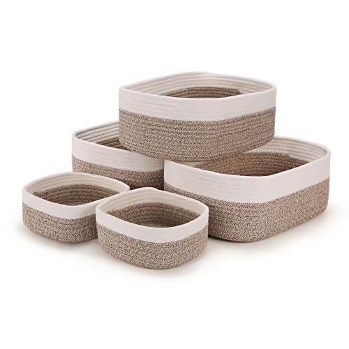 5-Pack Large Woven Rope Storage Baskets, 2 Sizes Organizer Bins | Fabric Cube Boxes and Rectangular Shallow Bins for Closet, Shelf, Bookshelf, Nursery, Changing Table, Bathroom, Toys & Home - color: natural & white, size: 3pcs-14.96*11.02*5.11'' & 2pcs-7.