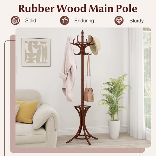 Giantex Solid Wood Coat Rack, Freestanding Hanger Stand w/12 Hooks, Umbrella Holder, Entryway Hall Tree for Coat, Hats, Scarves, Bags, Wooden Garment Rack for Bedroom, Hallway (Reddish Brown) - color: Reddish Brown