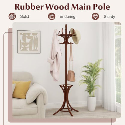 Giantex Solid Wood Coat Rack, Freestanding Hanger Stand w/12 Hooks, Umbrella Holder, Entryway Hall Tree for Coat, Hats, Scarves, Bags, Wooden Garment Rack for Bedroom, Hallway (Reddish Brown) - color: Reddish Brown