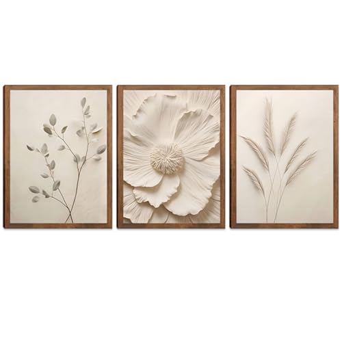 MQjopna Neutral Botanical Canvas Wall Art Set of 3, Pampas Grass White Floral Eucalyptus Prints, Solid Wood Framed Wall Decor, Boho Beige for Living Room Bedroom Office, Ready to Hang, 16 x 12 Inch - color: Beige flowers, size: 16"L x 12"W