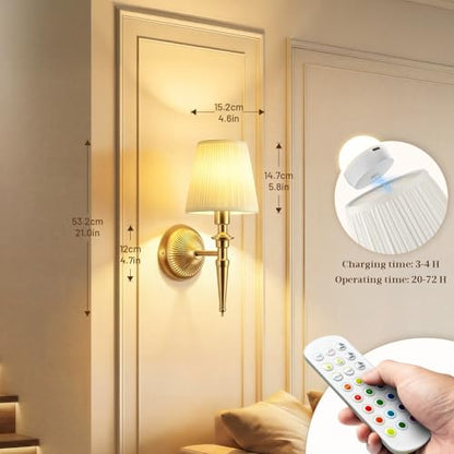 Battery Operated Wall Sconces Set of 2, Wireless Rechargeable Wall Lights with 12 RGB Colors and 3CCT Dimmable, Small Fabric LED Wall Lamps for Bedroom, Living Room, Hallway, Gold - color: Gold