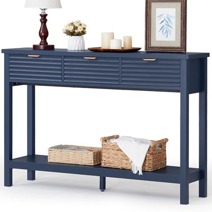 LEYAOYAO 47.2" Fluted Console Table with 3 Drawers, Blue Entryway Table | Modern Wood 2 Tier Entry Table, with Open Storage Shelf, Farmhouse Sofa Table Behind Couch, for Living Room, Hallway, Foyer - color: Dark Navy Blue