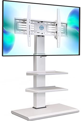 FITUEYES Universal Floor TV Stand for 32-75" TVs, Height-Adjustable, White | Corner TV Stand with Swivel Tilt, Iron Base TV Mount with Cable Management, TV Stand with Shelves for Living Room, Bedroom - color: White