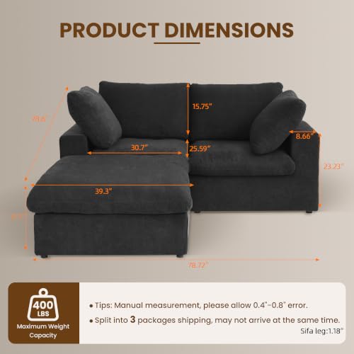 79" Cloud Modular Sofa, Convertible Modular Loveseat Couch with Storage Ottoman, Cotton Linen Fabric Sofa for Living Room, Apartment and Bedroom, Removable Covers, 2 Pillows, Black - color: Black, size: LoveSeat+1 Ottoman