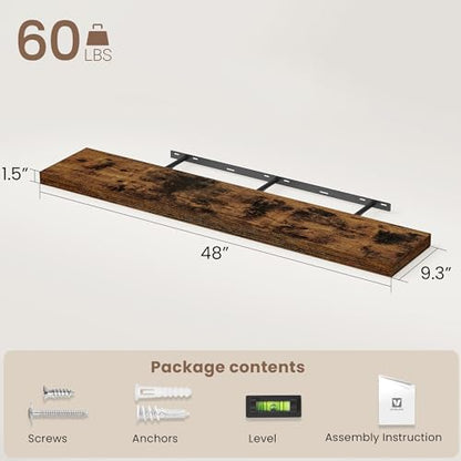 Vivelove Floating Shelves 9 inch Deep 48”Long Set of 2, Rustic Brown | Easy Install With Hardware, 1.5" Thick, Invisible Brackets, Wall Mounted, No Sagging, For Any Room - color: Rustic Brown, size: 48”wx9.3”dx1.5”h
