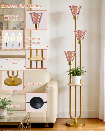 3-Light Modern Glass Floor Lamp with Shelf, Gold Tall Standing Lamp with Deep Red Flower Glass Shade, LED Floor Lamp with Foot Switch& 5Lbs Heavy Base for Living Room Bedroom, Bulb Included - color: 3 Deep Red Horn -Gold