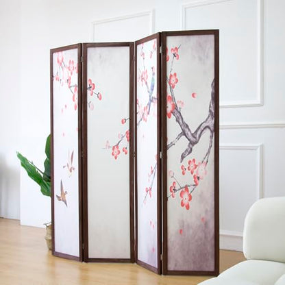 4 Panel Fabric Room Divider with Pattern, 5.6 ft Tall Folding Privacy Screen for Room Separation, Premium Thickened Wood Frame Freestanding Partition Wall, Red Plum (67" H x 63" W) - color: Red Plum