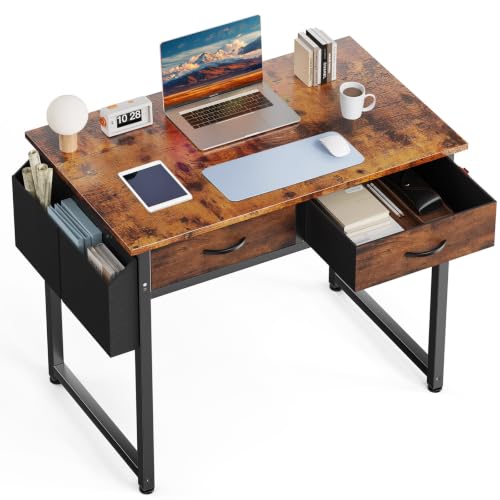 DUMOS 32-Inch Small Computer Desk with Drawers and Hook, Brown | Home Office Desk for Bedroom, Gaming Writing Study Desk with Adjustable Feet - color: Brown, size: 32-In