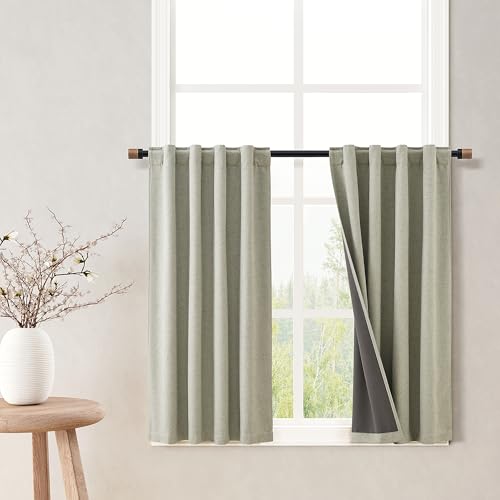 Sage Green 100% Blackout Kitchen Linen Curtains Back Tab Pleated Small Drape 36 Inch Length Privacy Thermal Insulated Elegant Mini Cafe Curtain for Rustic Farmhouse Bathroom Bedroom 26x36 - color: Sage Green, size: 26"W x 36"L (Pack of 2)
