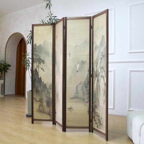 4 Panel Bamboo Room Divider, 5.6 ft Tall Double-Sided Folding Privacy Screen, Premium Thickened Wood Frame with Mountains and Waters Landscape for Home Office (67" H x 63" W) - color: Mountains and Waters, size: 4 Panel