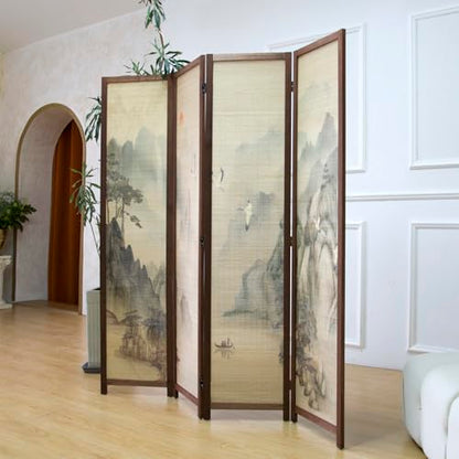 4 Panel Bamboo Room Divider, 5.6 ft Tall Double-Sided Folding Privacy Screen, Premium Thickened Wood Frame with Mountains and Waters Landscape for Home Office (67" H x 63" W) - color: Mountains and Waters, size: 4 Panel