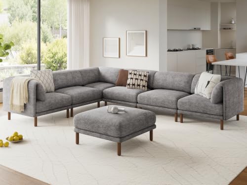 Cloud Sectional Couches for Living Room,Modular Sectional Sofa,Grey | Extra Deep 7 Seater,Mid Century Modern Oversized Couches With Ottoman,Solid Wood Leg,Large Sofa for Big Space,Office - color: Grey, size: 7 Seats L-Shaped Sofa