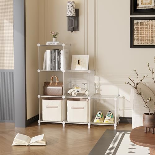 AWTATOS Cube Storage Organizer, Closet Organizers, 6 Cube Shelf, Clear | Portable Closet Storage Shelves, DIY Stackable Storage Cubes Bookshelf, Plastic Clothes Organizer Shelving for Bedroom, Home - color: Translucent Twill