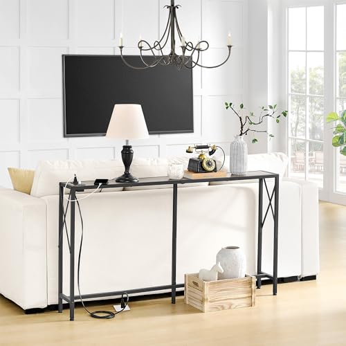 Gewudraw Narrow Console Table with Socket, Sofa Table Behind Couch | 55.1" Couch Table, Industrial Style, Long Skinny Design,For Hallway,Living Room,Bedroom, Built-In Outlets & USB,140cm Length - color: Light Grapefruit, size: 55.1 in