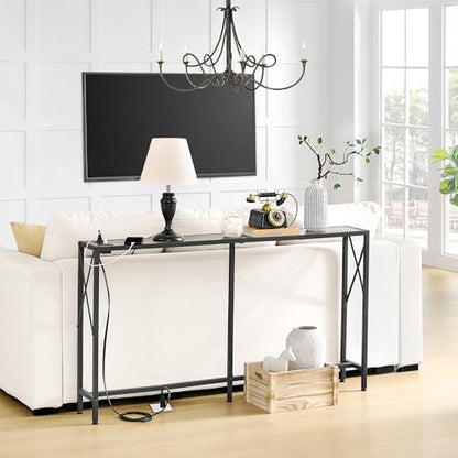 Gewudraw Narrow Console Table with Socket, Sofa Table Behind Couch | 55.1" Couch Table, Industrial Style, Long Skinny Design,For Hallway,Living Room,Bedroom, Built-In Outlets & USB,140cm Length - color: Light Grapefruit, size: 55.1 in