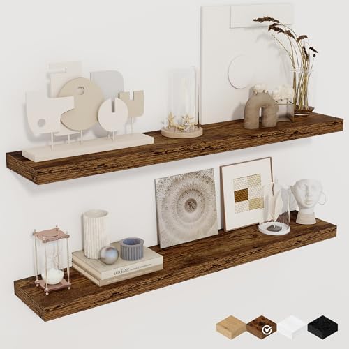 36Inch Floating Shelves for Wall 2 Pack Wood Shelves for Kitchen, Bathroom, Bedroom Wall Mounted Rustic Wood Floating Shelf with Invisible Brackets for Books, Storage, Decor, Rustic Brown - color: Rustic Brown, size: 36"W x 6.5"D, 2Packs
