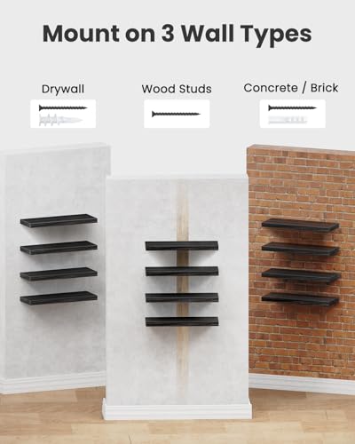 Amada Paulownia Wood Floating Shelves for Wall, Set of 4, Black | Wall Shelves with Solid Metal Concealed Brackets, 22 lbs Capacity per Shelf, Includes Drilling Template, Flexible 4-Piece Set - color: Black, size: 4