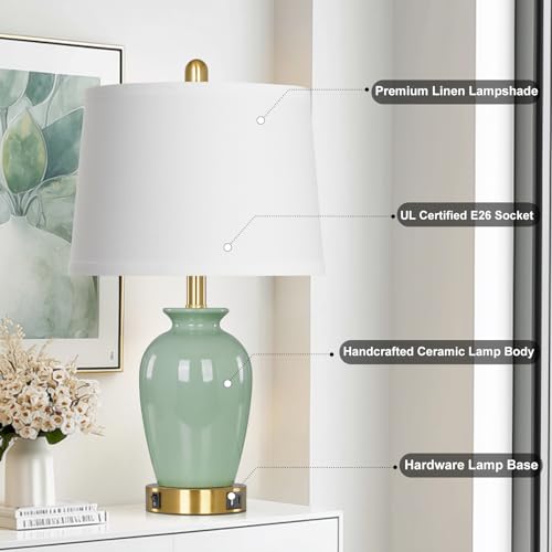 23" Set of 2 Olive Green Ceramic Table Lamp with Pot Design, Bedside USB Lamps for Living Room,Dining Room,Bedroom,Office,Nightstand,End Table - color: Green