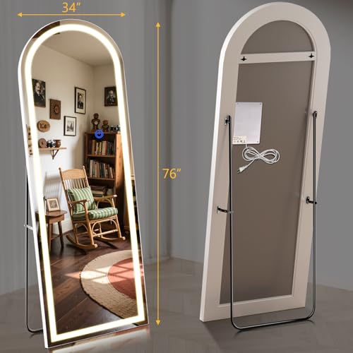 Arch Full Length Standing Mirror with LED Lights, 76"x34" Lighted Mirror with Dimming & 3 Color Lighting, Tall Mirror Full Body for Bedroom, Dressing Room - color: Arched, size: 76"L x 34"W