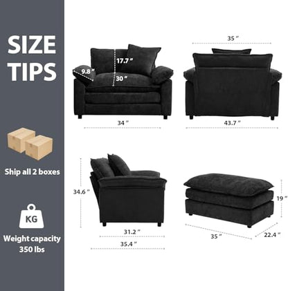 Modern Oversized Chair with Ottoman, Comfy Chenille Accent Chair Large Upholstered Armchair with Extra Thick and Deep Seat Lounge Chair for Living Room,Bedroom,Apartment,Black - color: Black, size: 1(chair+ottoman)