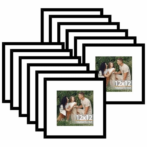 JCJMY 12 Pack 12x12 Picture Frame with 8x8 Mat, Display 8x8 with Mat or 12x12 Without Mat, 12 by 12 Frames Bulk Set of 12 Collage Gallery Wall Decor Photo Frames Set for Wall, Black - color: Black, size: 12x12 inch