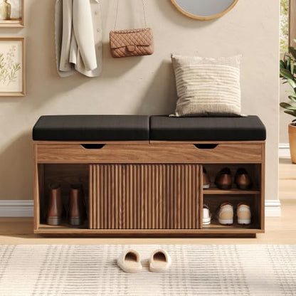 Maupvit 39.4" Fluted Shoe Storage Bench with Lift Top Storage, Entryway Bench with Cushioned Seat, 2-Tier Shoe Cabinet with Sliding Door and Adjustable Shelf for Bedroom, Living Room, Walnut
