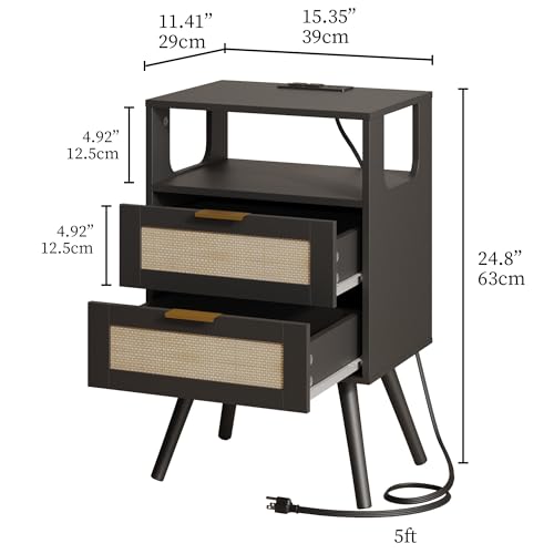 Rattan Nightstand with Charging Station,Farmhouse Bedside Table with 2 Storage Drawer and Open Wood Shelf, for Bedroom and Small Spaces,Night Stand with Solid Wood Legs (Black-Outlet) - color: Black-outlet