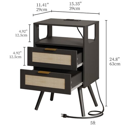 Rattan Nightstand with Charging Station,Farmhouse Bedside Table with 2 Storage Drawer and Open Wood Shelf, for Bedroom and Small Spaces,Night Stand with Solid Wood Legs (Black-Outlet) - color: Black-outlet
