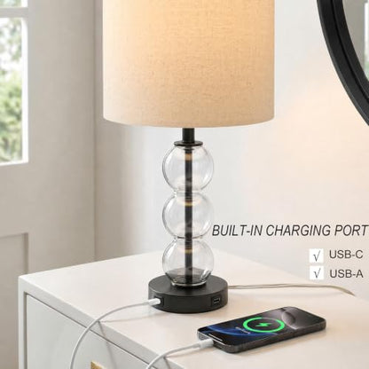 25" Glass Table Lamps Set of 2, Black Modern Table Lamps with USB Ports for Living Room, Linen Shade Bedside Lamps for Bedroom, Nightstand, Side Table (Bulbs not Included) - color: Black