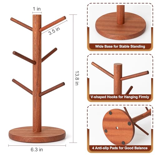 MyLifeUNIT Mug Holder Tree, Coffee Cup Holder with 6 Hooks (Reddish Brown) | Anti-slip padded bottom, space-saving compact design, easy air drying, sturdy tip-resistant structure - color: Reddish Brown