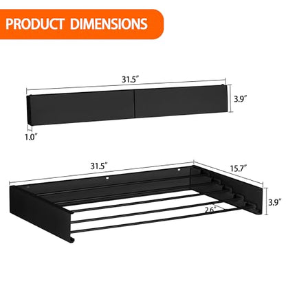 Laundry Drying Rack Wall Mounted Clothes Drying Rack Black,31.5" | Collapsible Drying Rack With 5 Aluminum Rods and Drilling Template Long Screwdriver Bit 60 lbs Capacity - color: Black, size: 31.5"