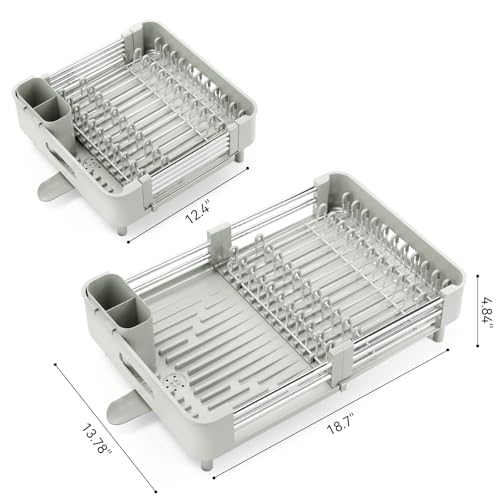 Urackify Extendable Stainless Dish Drying Rack for Kitchen Counter | 13.78"W x 18.7"L, Foldable Drainboard for Space Saving, Knife and Utensil Holder, Fast-draining Spout, Soft Celery Green - color: Soft Celery Green