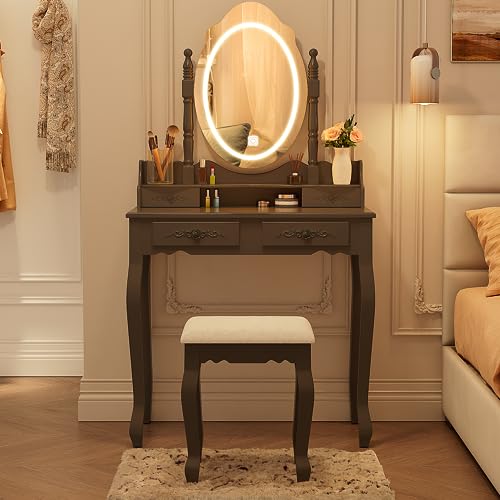 Vanity Desk with Mirror and Lights, Makeup Table with Cushioned Stool Set | Modern Vanity with 4 Drawers, 3 Color Lighting Modes with Adjustable Brightness, Dressing Table Set for Bedroom, Black Vanity - style: Black Vanity
