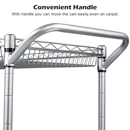 Heavy Duty 3 Tier Utility Cart,Wire Rolling Carts with Wheels, Commercial Grade Service Cart with Shelving Liners and Handle Bar Metal Carts for Kitchen Office Hardware - color: 750lbs Capacity Silver