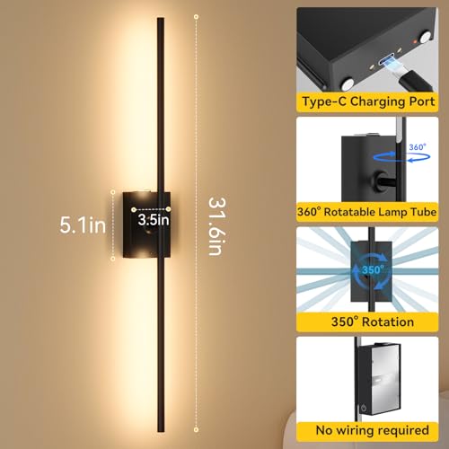 Battery Operated Wall Sconces Set of 2, 10000mAh Wireless Rechargeable 3000-6000K Dimmable 350° Rotate Wall Light with Remote for Living Room, Bedroom 31.6in Black - color: Black, size: 31.6in-Square Base