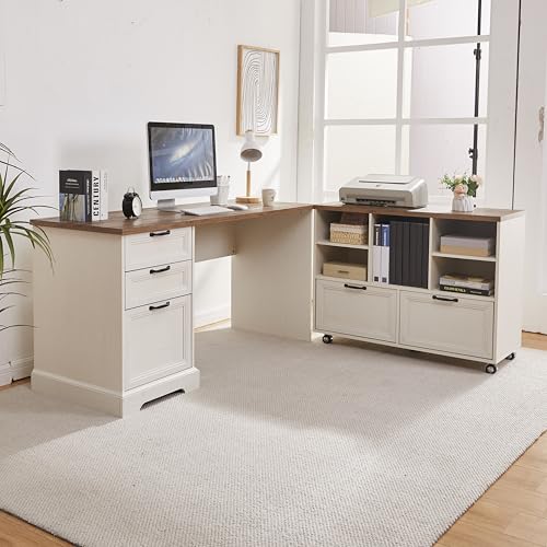 60"L-Shaped Executive Desk with 40"Adjustable File Cabinet,Farmhouse Home Office Desk with Charging Station,Office Desk with Storage Drawers,Wood Computer Desk Set for Office Work,Home Study - color: Off-white
