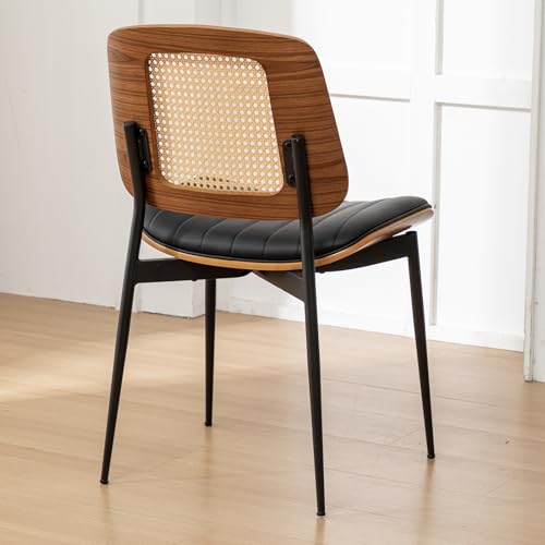 Rattan Dining Room Chairs Set of 4,Mid Century Black PU Leather Kitchen Chairs,Upholstered Seat Metal Legs Chairs with Adjustable Foot Pads,Walnut Armless Side Chairs - color: Black, size: Set of 4