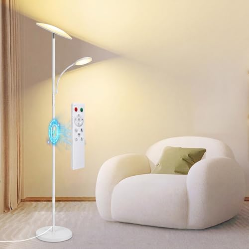 Floor Lamp, Upgraded 42W 4000LM Super Bright LED Floor Lamp, Rotatable Reading Light, Touch & Remote Control & Memory Function, Stepless Dimmable Standing Lamp for Living Room Bedroom, White - color: White