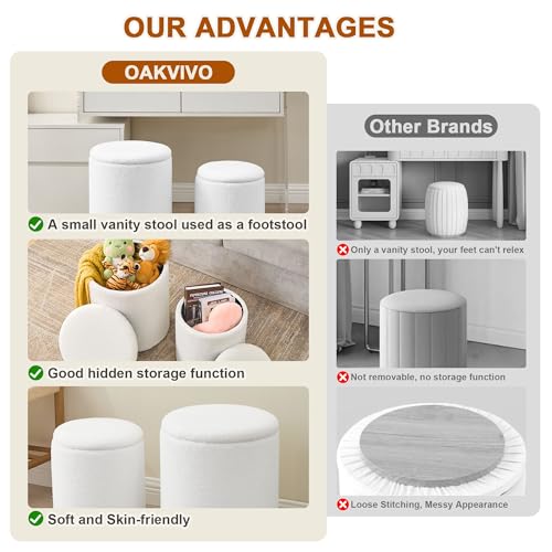 oakvivo Round Set of 2 Ottoman with Storage, Boucle Storage Ottoman Foot Stool, Soft Teddy Upholstered Small Vanity Stool, Ottomans Padded Seat Foot Rest for Living Room Bedroom, White - color: White