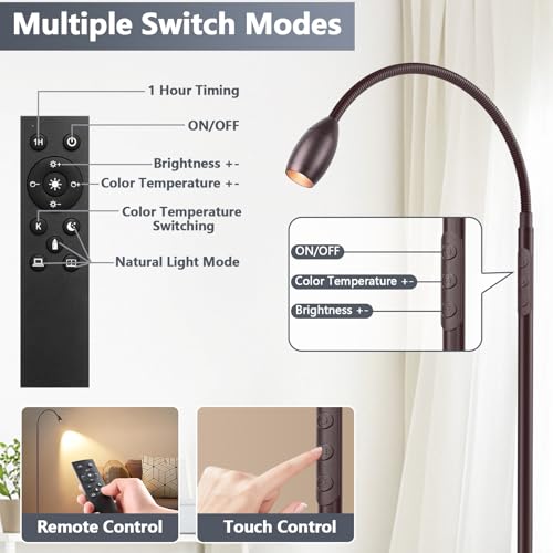 Reading Floor Lamp, 72" LED Dimmable Lamp with Gooseneck,Zoomable Spotlight | Adjustable Color Beam Standing Lamp, Touch & Remote Control, Task Craft, Sewing, Bedroom Living Room,Office,Oil-Rubbed Bronze - color: Oil-Rubbed Bronze