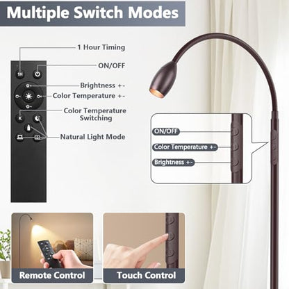 Reading Floor Lamp, 72" LED Dimmable Lamp with Gooseneck,Zoomable Spotlight | Adjustable Color Beam Standing Lamp, Touch & Remote Control, Task Craft, Sewing, Bedroom Living Room,Office,Oil-Rubbed Bronze - color: Oil-Rubbed Bronze