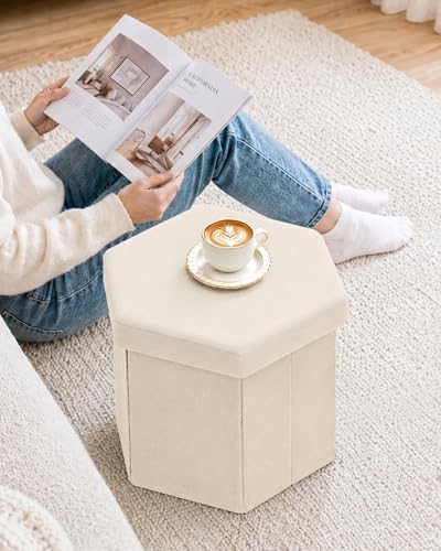 B FSOBEIIALEO Storage Ottoman Cube Hexagonal Pouf Ottomans, Foot Rest Seat for Sofa Footrest Entryway Shoe Footstool for Living Room/Bedroom/Entrway Velvet White 16.93"x15"x15" - color: White