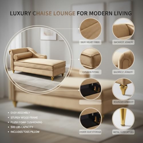 60.6" Modern Storage Chaise Lounge Indoor,Velvet Upholstery Sofa Chair with1 Toss Pillows,Upholstery Lounge Sofa with Gold Metal Legs for Small Apartment,Living Room,Office,Reception Area,Khaki - color: Khaki