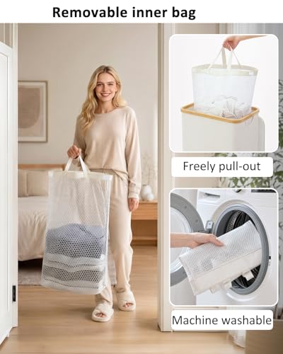 IEGrow Laundry Hamper with Lid,110L Laundry Basket with Mesh Bags,Beige | Dirty Clothes Hamper Basket with Bamboo Handle for Clothes Towels - color: Beige, size: 110L