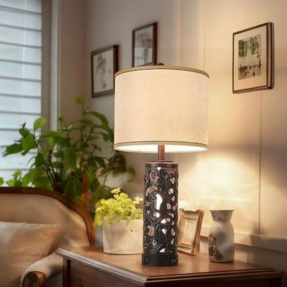 AIDENOEY Set of 2 Table Lamps with Night Light, 28" Farmhouse Table Lamp with USB A+C Ports,Brown Ceramic Bedside Lamp with Fabric Shade for Living Room,Bedroom,Home,Office(2 Bulbs Included) - color: Brown-1